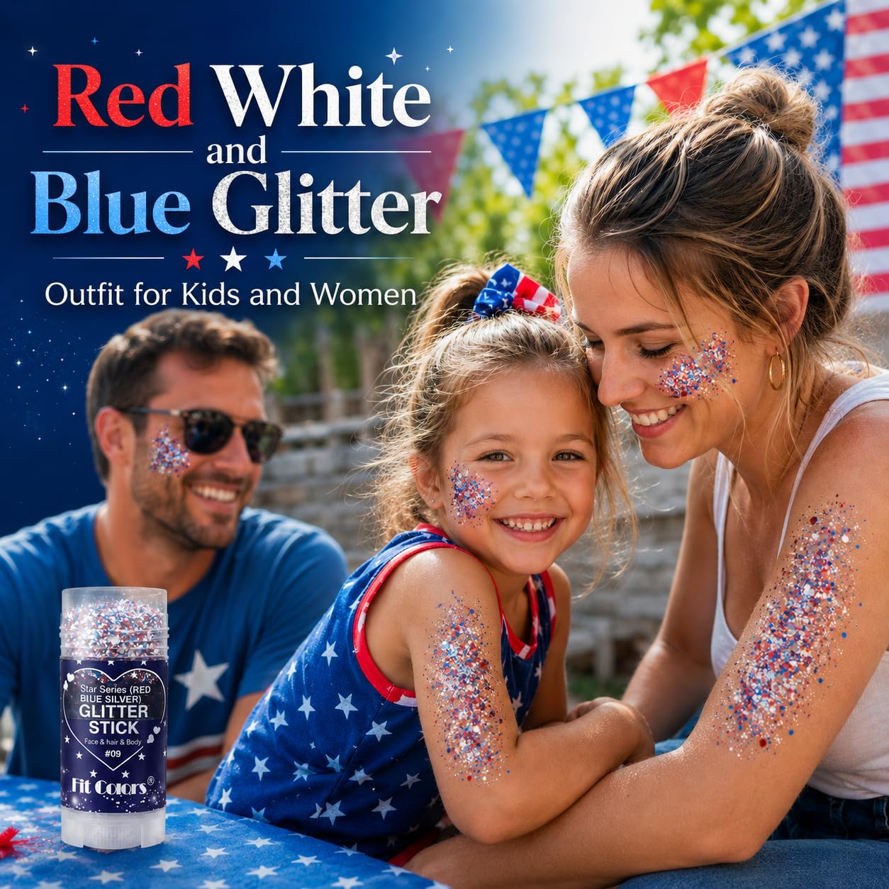 Honlley Patriotic Red White and Blue Face Hair Body Glitter Stick, Waterproof 4th of July Outfits Accessories for Women Kids, USA Flag Fourth Sparkle Makeup for 250 Anniversary Memorial Veterans Day