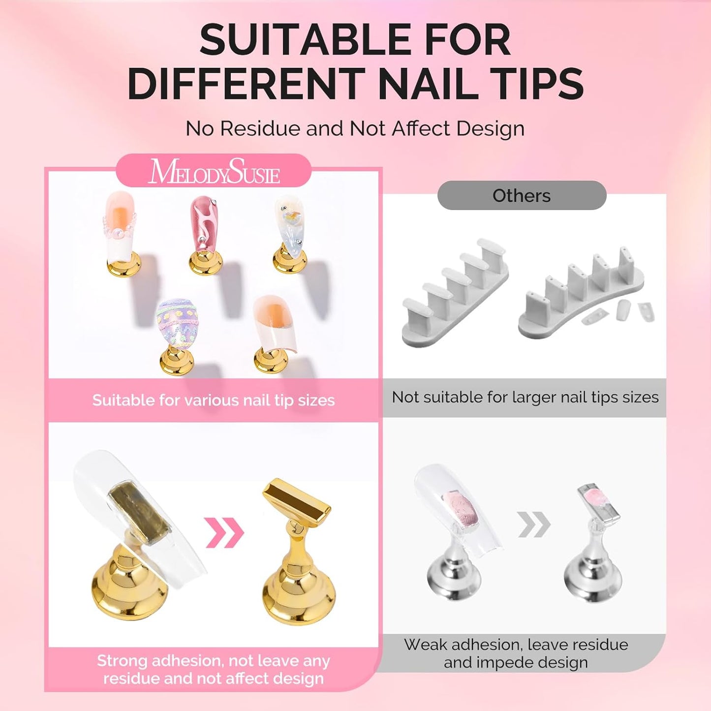 Nail Stand for Press Ons - Big Transparent Acrylic Base with Brush Holder & 100 Pcs Reusable Double-Sided Tape | DIY Salon Supplies