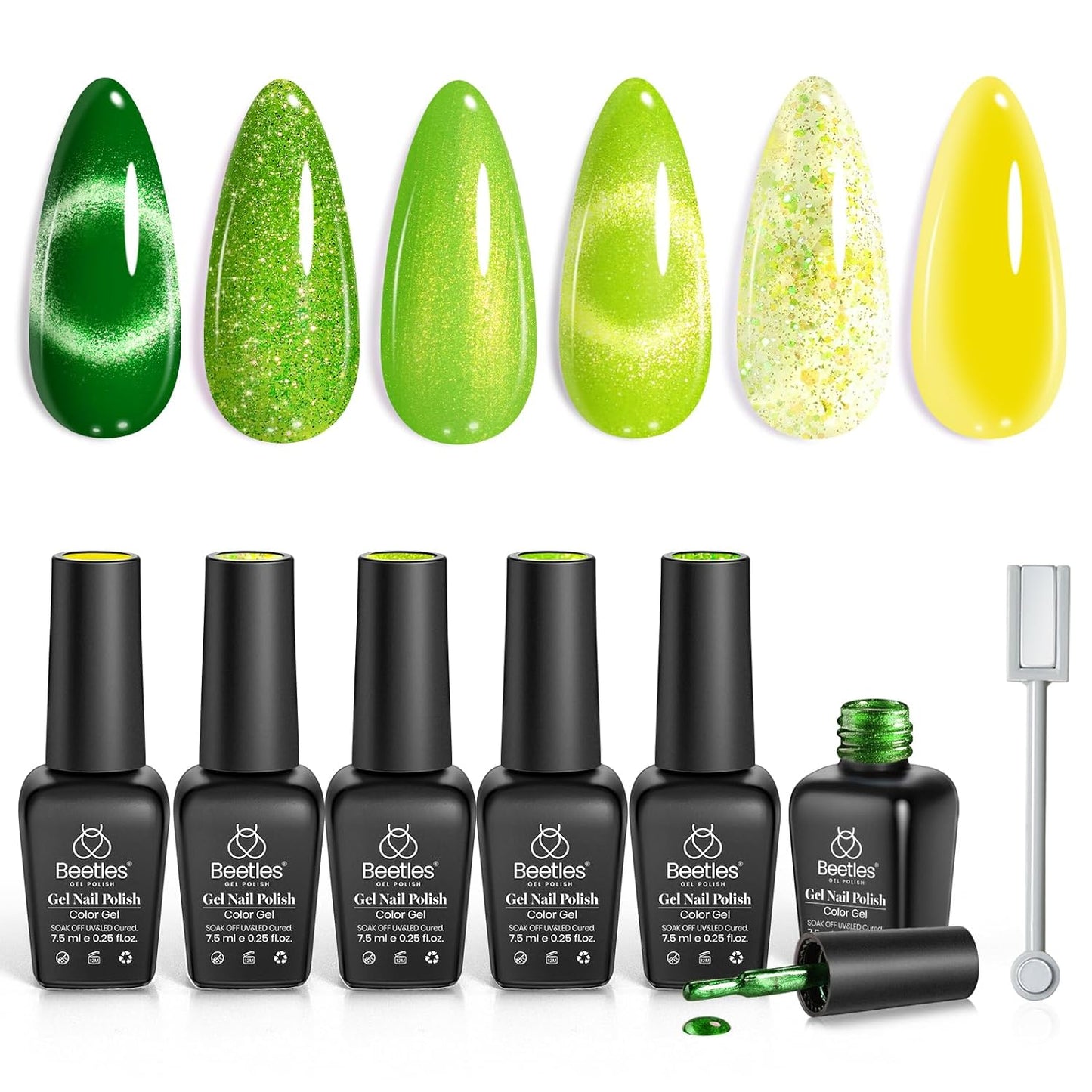 Beetles Green Gel Nail Polish Set - 6 Colors Cat Eye Glitter Gel | Summer Lime Yellow Flash UV LED Starter Kit for DIY Home & Salon Use