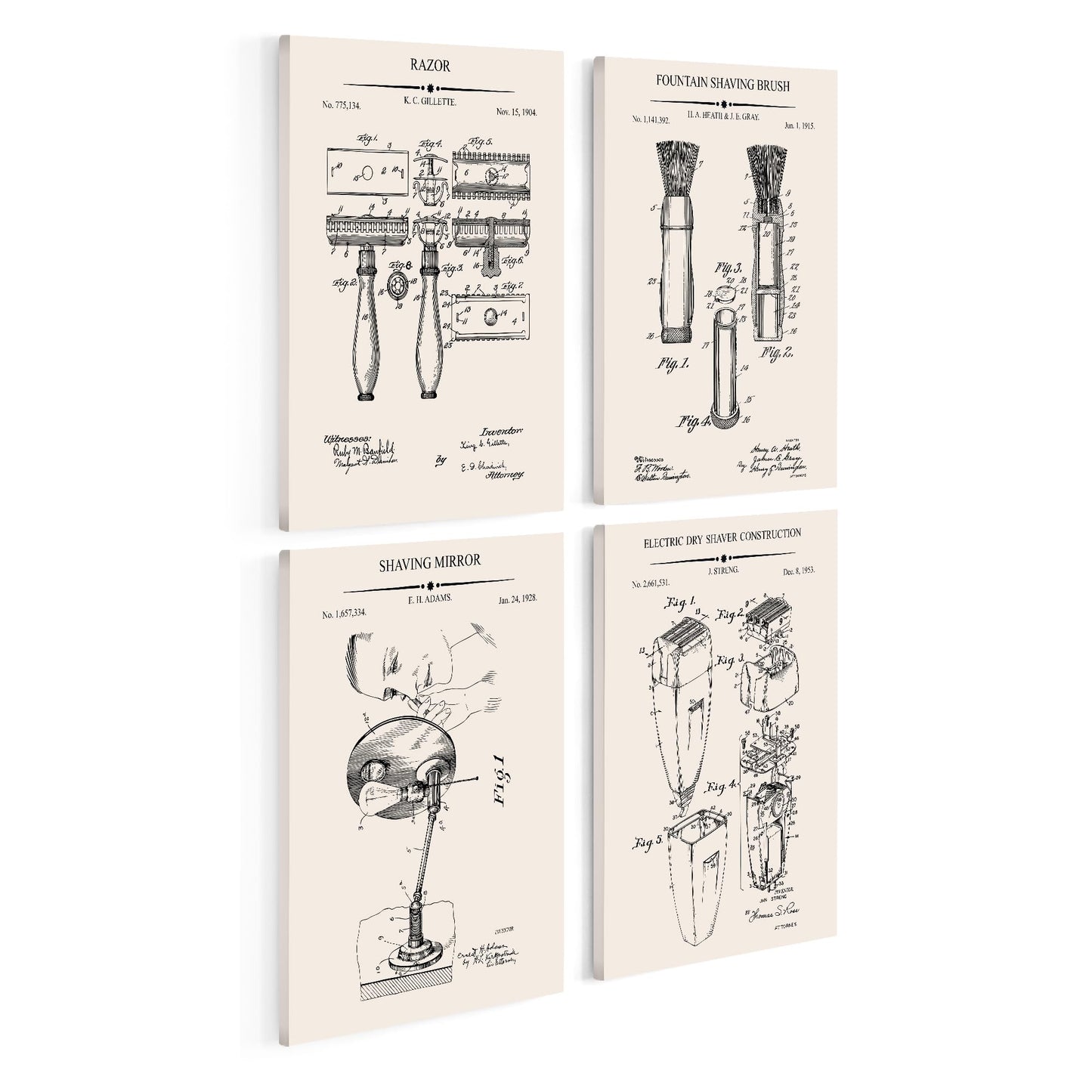 Poster Master 4-Piece Shaving Blueprint Canvas - Razor Patent Print - Shaving Mirror & Brush Art - Technical Drawing Design - Great Barber Shop Wall Decor - Available in 8x10 to 30x40
