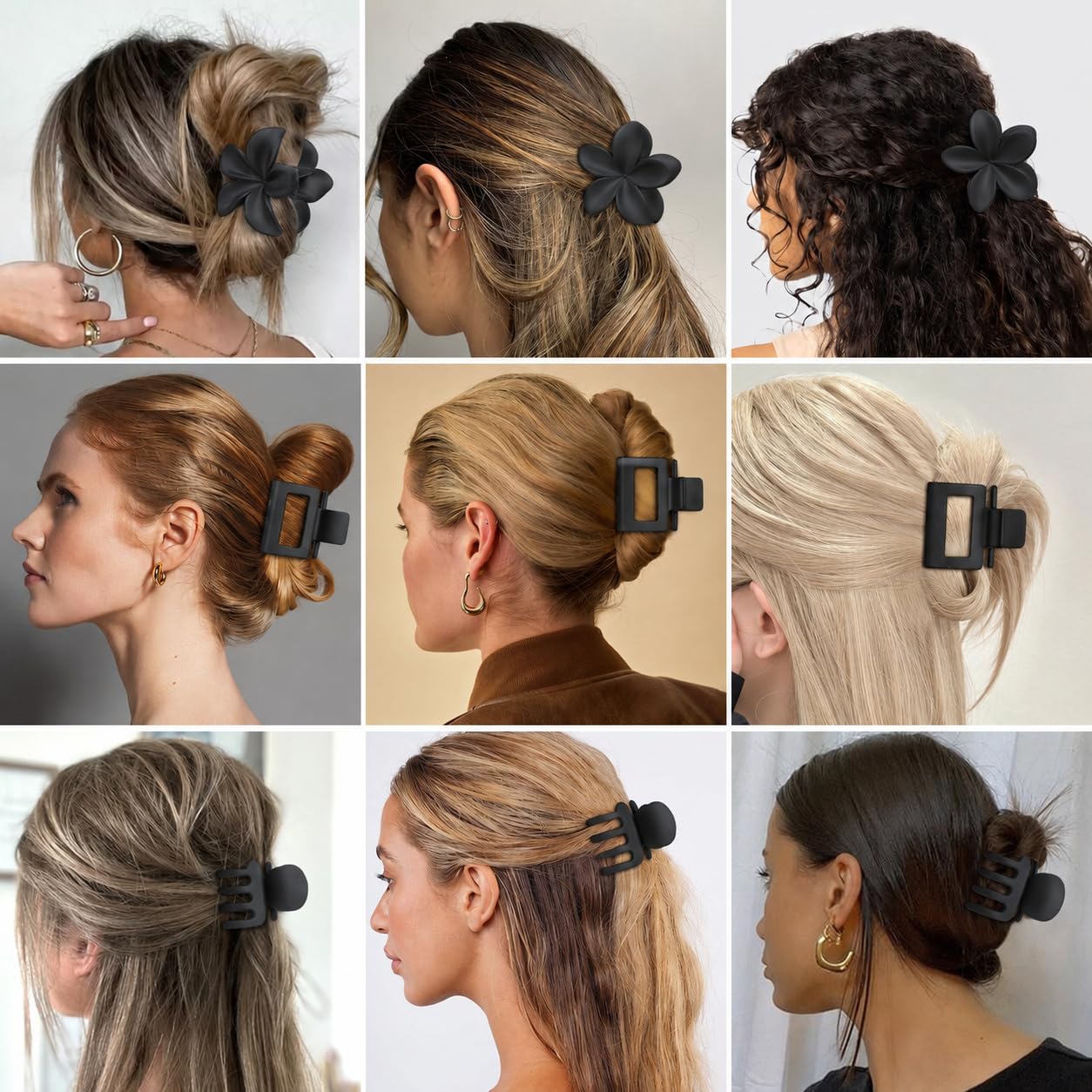 Medium Hair Clips for Women - 9 Pcs Small Claw Clips | Flower & Square Designs for Thin & Thick Hair