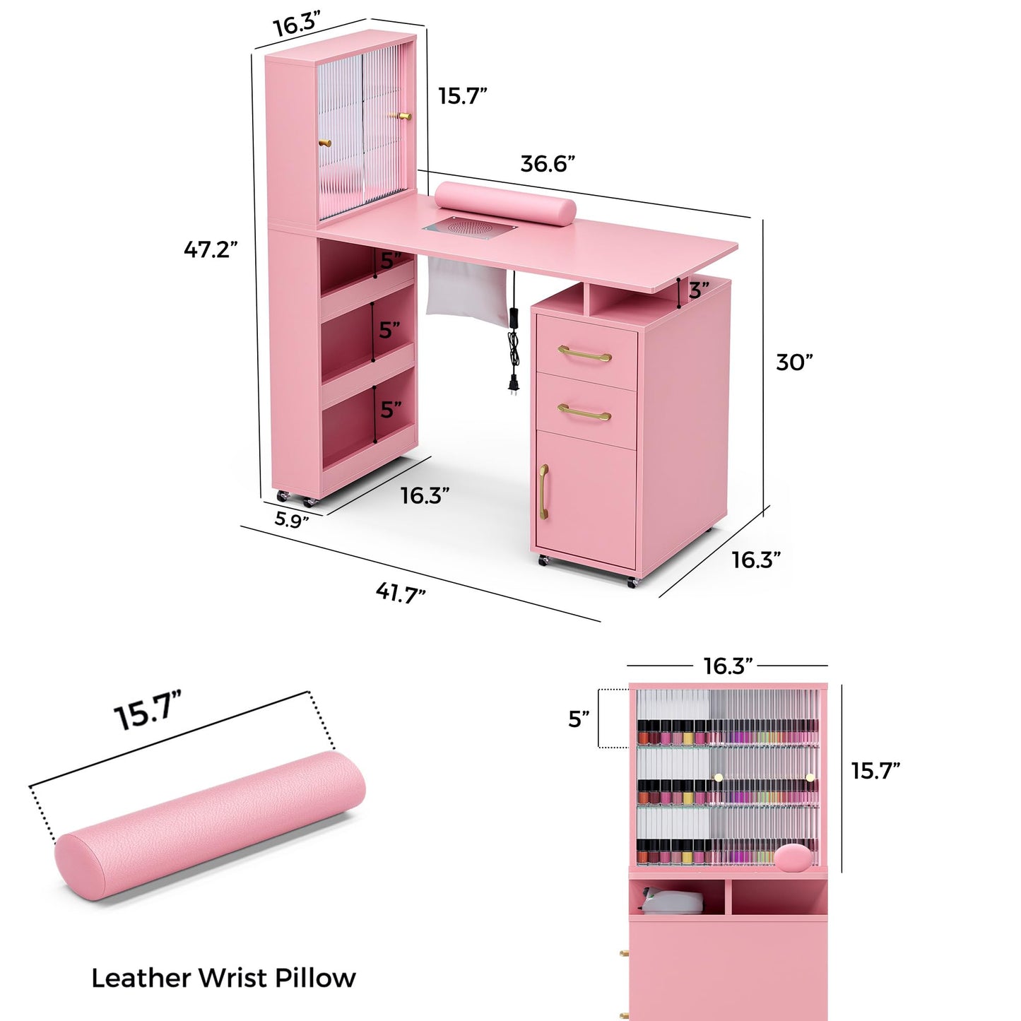 Kikihouse Manicure Table Nail Desk for Nail Tech w/Glass Door Storage Cabinets & Wrist Rest, Beauty Salon Nail Supplies Decor Workstation Acetone Resistant, with Dust Collector (Pink)