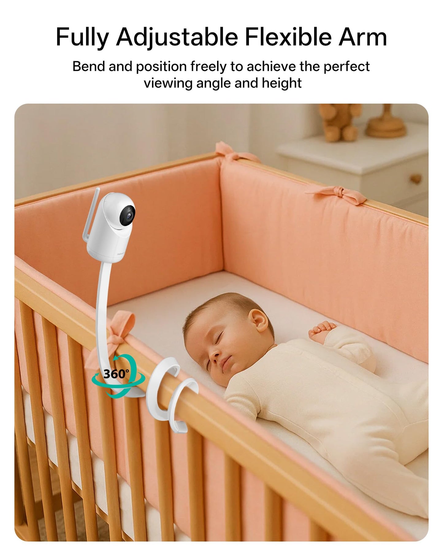 Jartoo Baby Monitor Mount Compatible with HelloBaby HB65/HB40/HB6560/HB6339/HB6550 Pro, Infant Optics, Momcozy, Nanit, VAVA, 16.9" Flexible Crib Clip Mount Long Gooseneck Arm, No Tools or Wall Damage