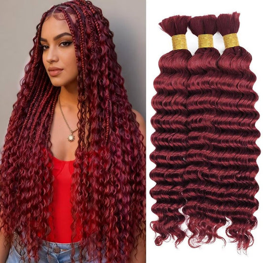 Boho Hair for Braiding, Curly Virgin Human Braiding Hair for Women, 12A Knotless Deep Wave Bulk Bohemian Styles, 150g 20 Inch 3 Bundles/Pack Burgundy Color 99J
