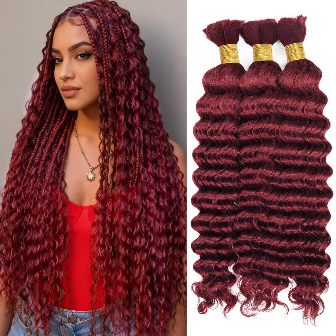 Boho Hair for Braiding, Curly Virgin Human Braiding Hair for Women, 12A Knotless Deep Wave Bulk Bohemian Styles, 150g 18 Inch 3 Bundles/Pack Burgundy Color 99J