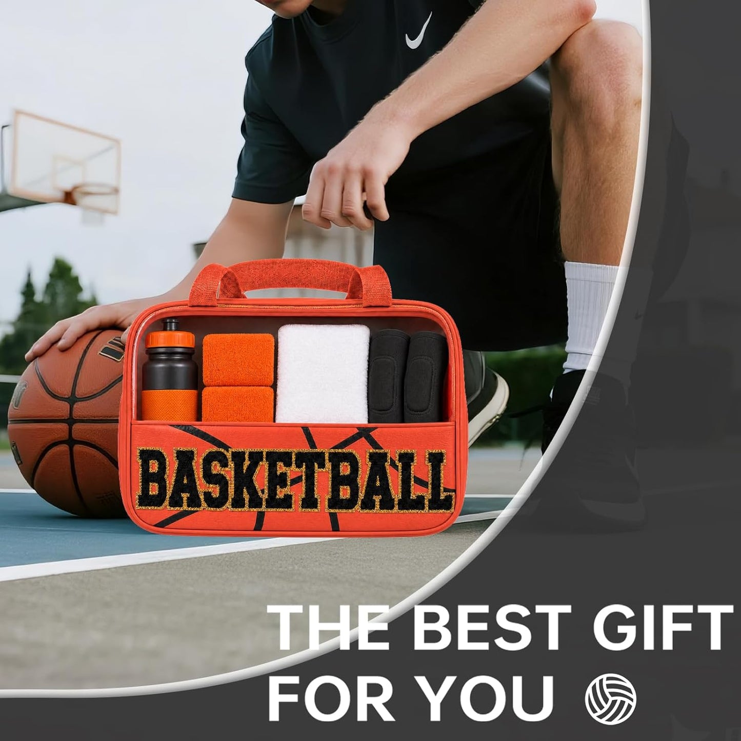 Basketball Makeup Bag - Clear Chenille Cosmetic Pouch with Zipper | Portable Travel Toiletry Bag for Women