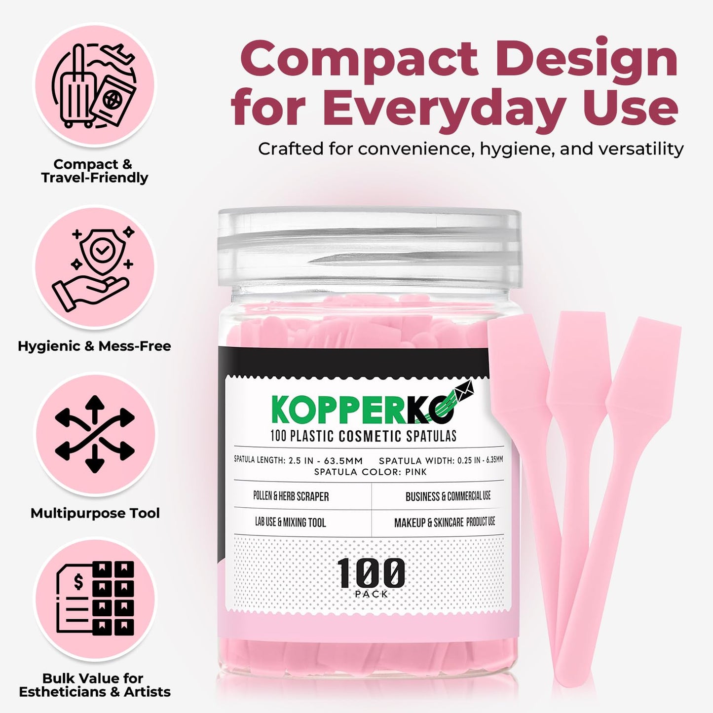 Kopperko Cosmetic Spatulas (2.5”, 100 Pack) - Small Plastic Spatula for Cosmetics, Creams & Crafts | Essential Esthetician Supplies | Makeup Spatula or Multipurpose Mini Applicator for Skincare | Pink