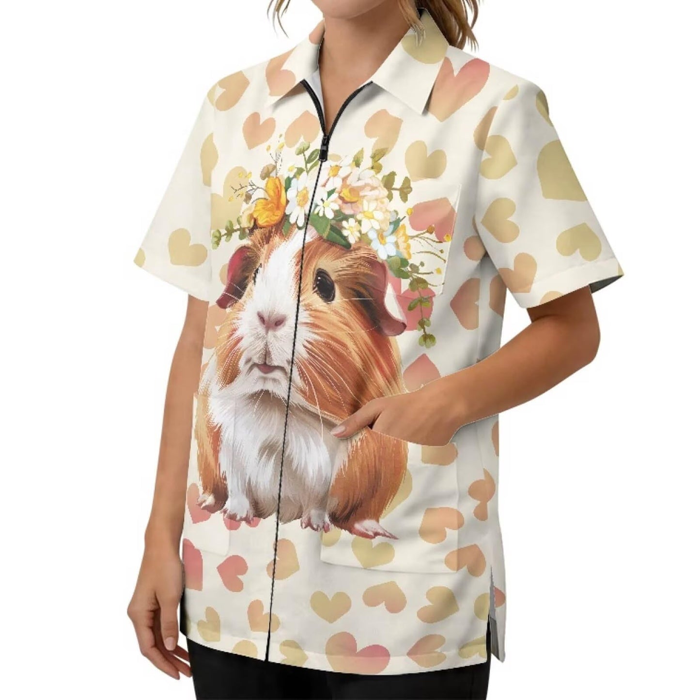 Wupobuzy Unisex Grooming Smock, Beige Cute Guinea Pig & Hearts Print, S