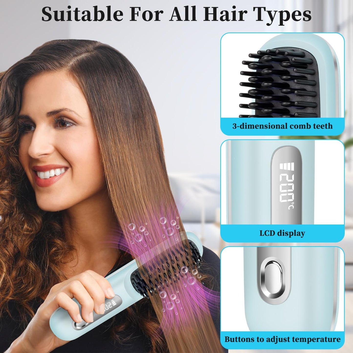 Go Brush Pro Cordless Straight Hair Brush - Portable Scald-Proof Mini Comb with 3 Temperature Settings & LED Display | Light Blue