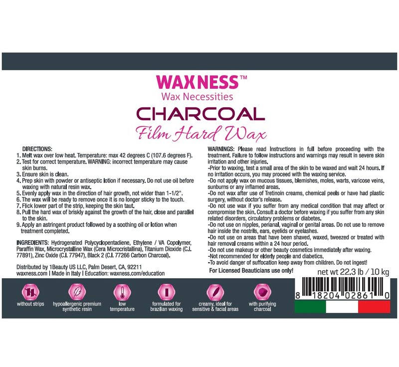 Waxness Charcoal Hard Wax Beads Bulk 22 lb (10 kg) – Premium Synthetic Rosin-Free Stripless Wax with Creamy Film Formula for Sensitive Areas, Salon Use – Made in Italy