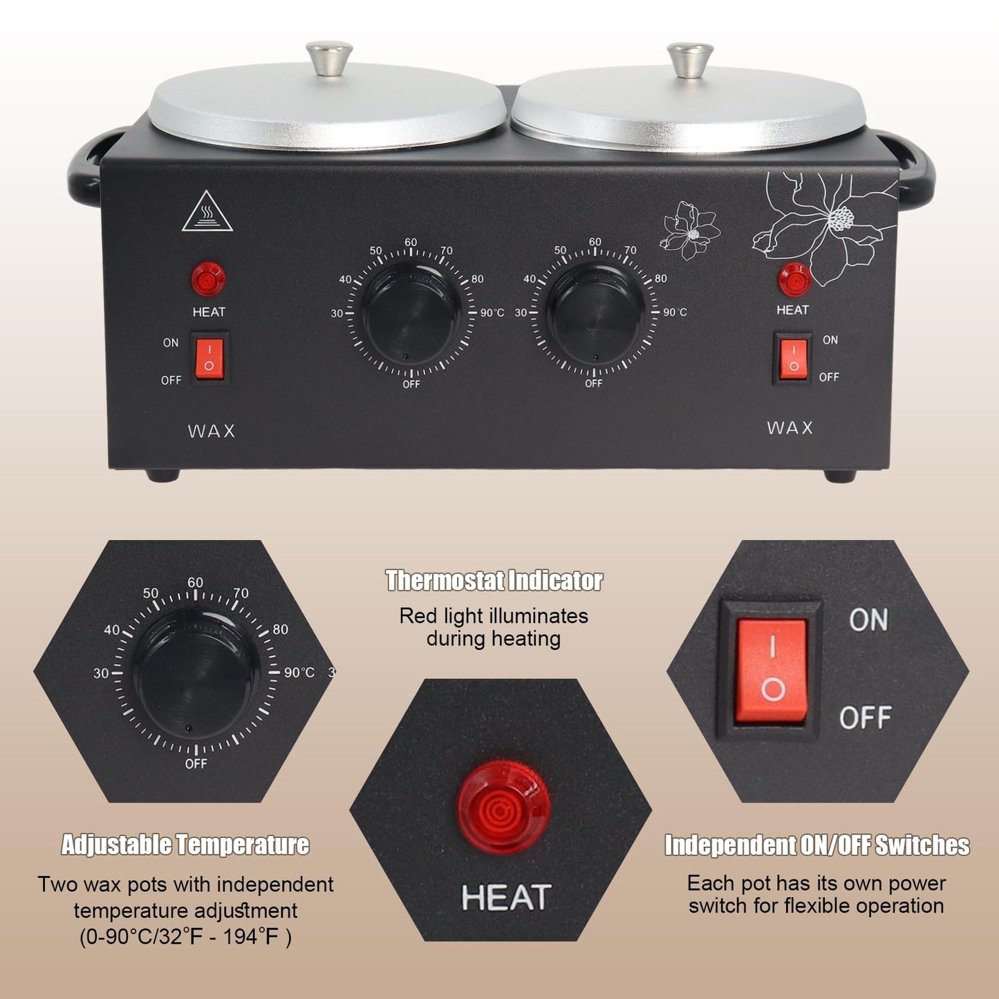 Wax Warmer Double Pot, Professional Electric Heater for Facial, Body, Spa, and Salon, 1.2L Dual Adjustable Temperature with 100 Wooden Craft Sticks, Hair Removal (Black)