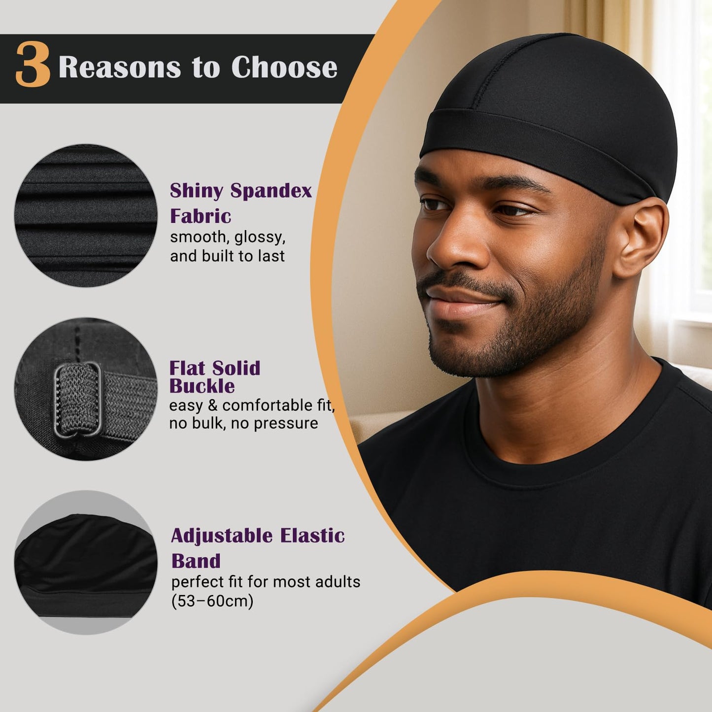 DURALA Adjustable Wave Caps for Men, Premium Elastic Stocking Cap for 360 540 720 Wave (Black+Black)