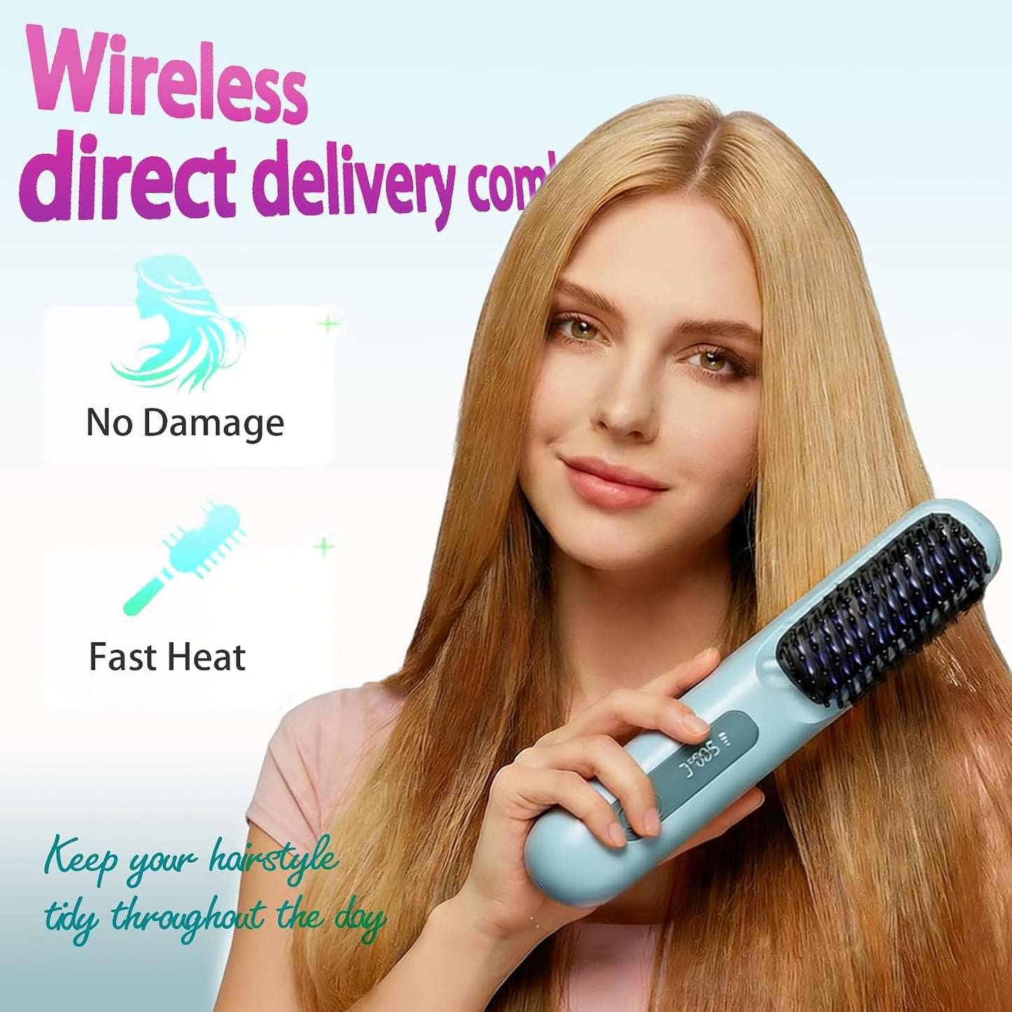 Go Brush Pro Mini Hair Straightener - Cordless Travel Brush with LCD Display | Fast Heating for Short Hair