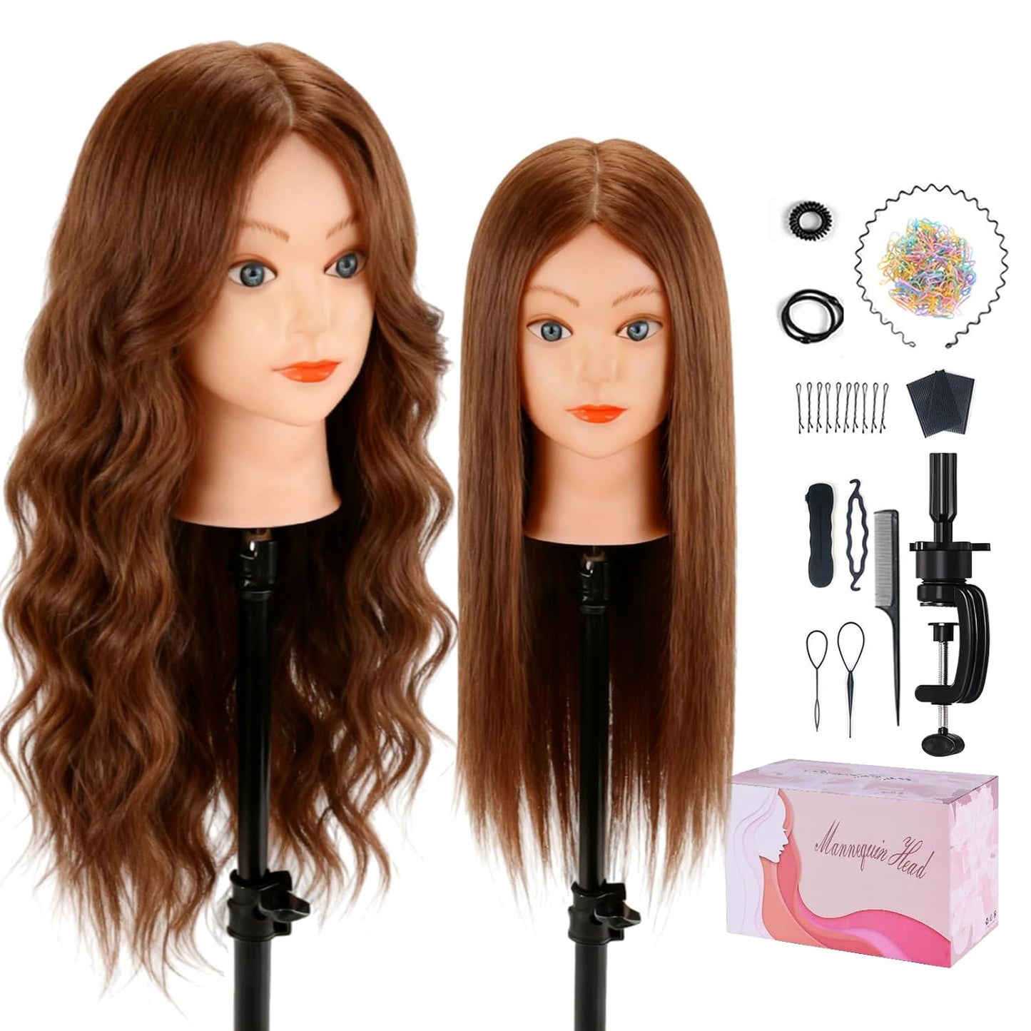 Beauty Star Mannequin Head - 18-Inch Real Human Hair Styling Head for Braiding & Cosmetology Training | Dark Brown Hair, Blue Eyes