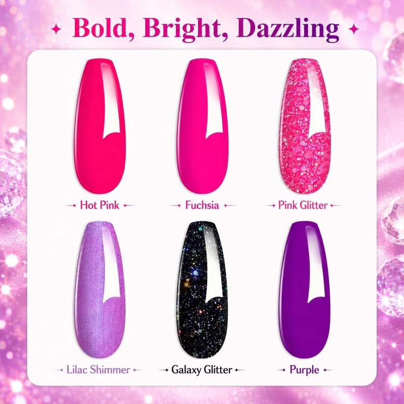 Hot Pink Gel Nail Polish Set - 6 Colors Glitter & Shimmer | Soak Off UV Gel for DIY Manicure