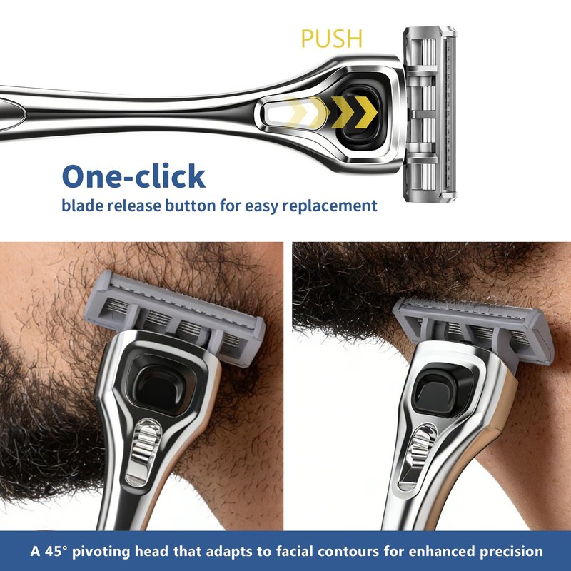 FYNEDGE Professional 6-Blade Men's Razor with Lubricating Strip & Precision Trimmer, 45° Pivoting Head, Metal 1 Handle +2 Blade Refills, Includes Cleaning Brush & Wall Mount