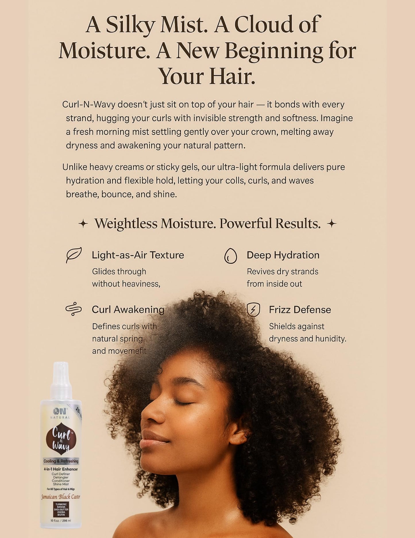 On Natural Curl-N-Wavy 4-in-1 Hair Enhancer For All Hair Texture [Jamaican Black Castor] 10 OZ
