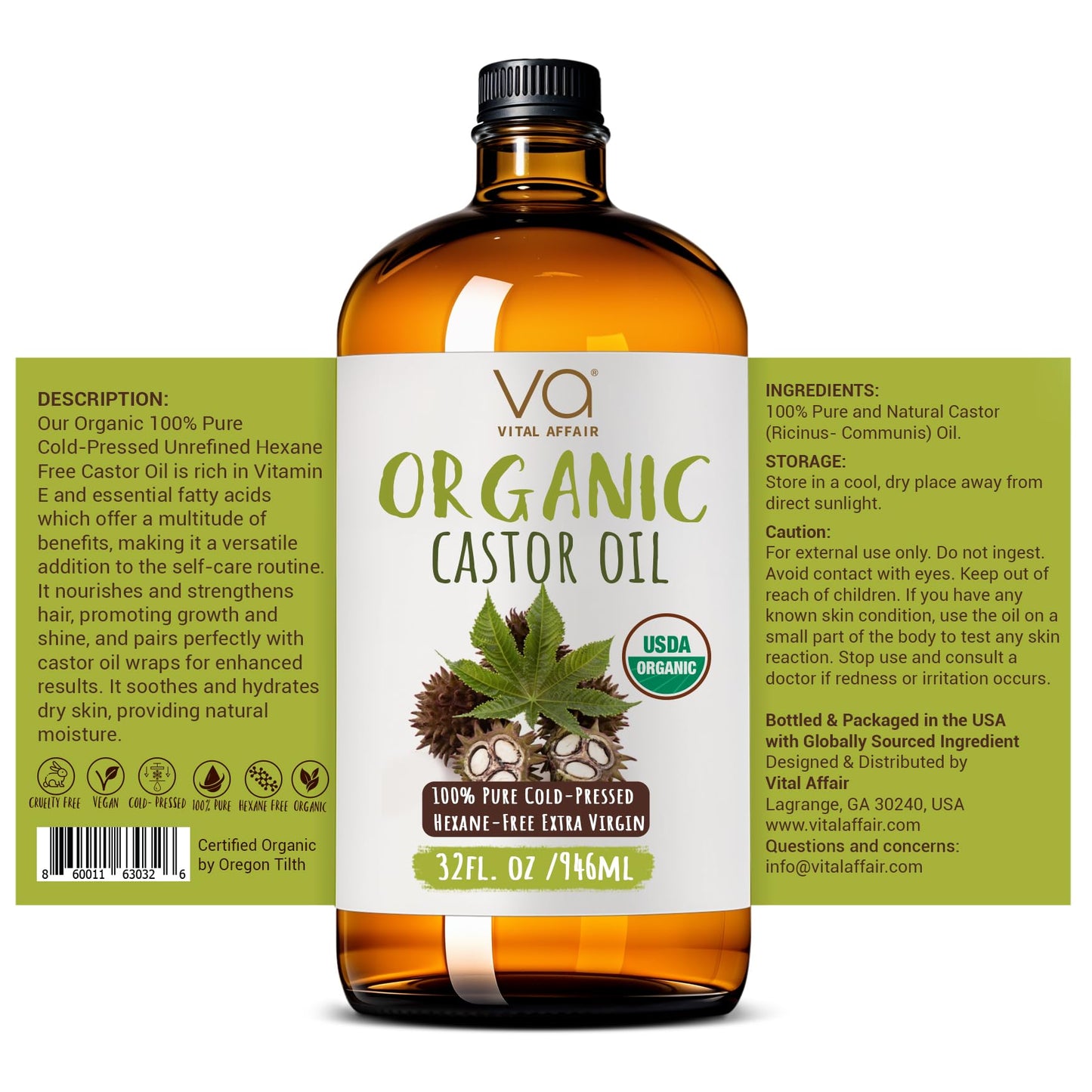 VITAL AFFAIR Pure Organic Castor Oil 32oz – Cold Pressed, Unrefined, USDA Organic – Glass Bottle for Hair Growth, Eyelashes, Eyebrows, Face & Castor Oil Packs