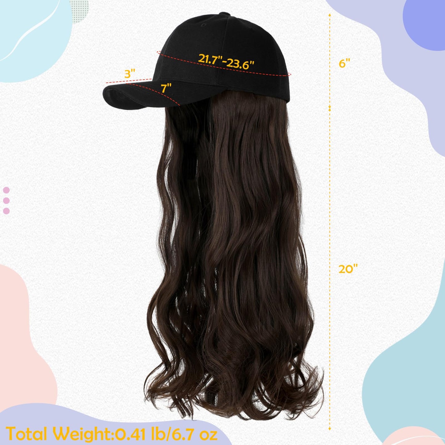 Cephermer Baseball Hat Wig,Hat with Hair attached 24'' Adjustable Black Cap with Long Wavy Synthetic Hair Extensions for Women Girls(Medium Brown)