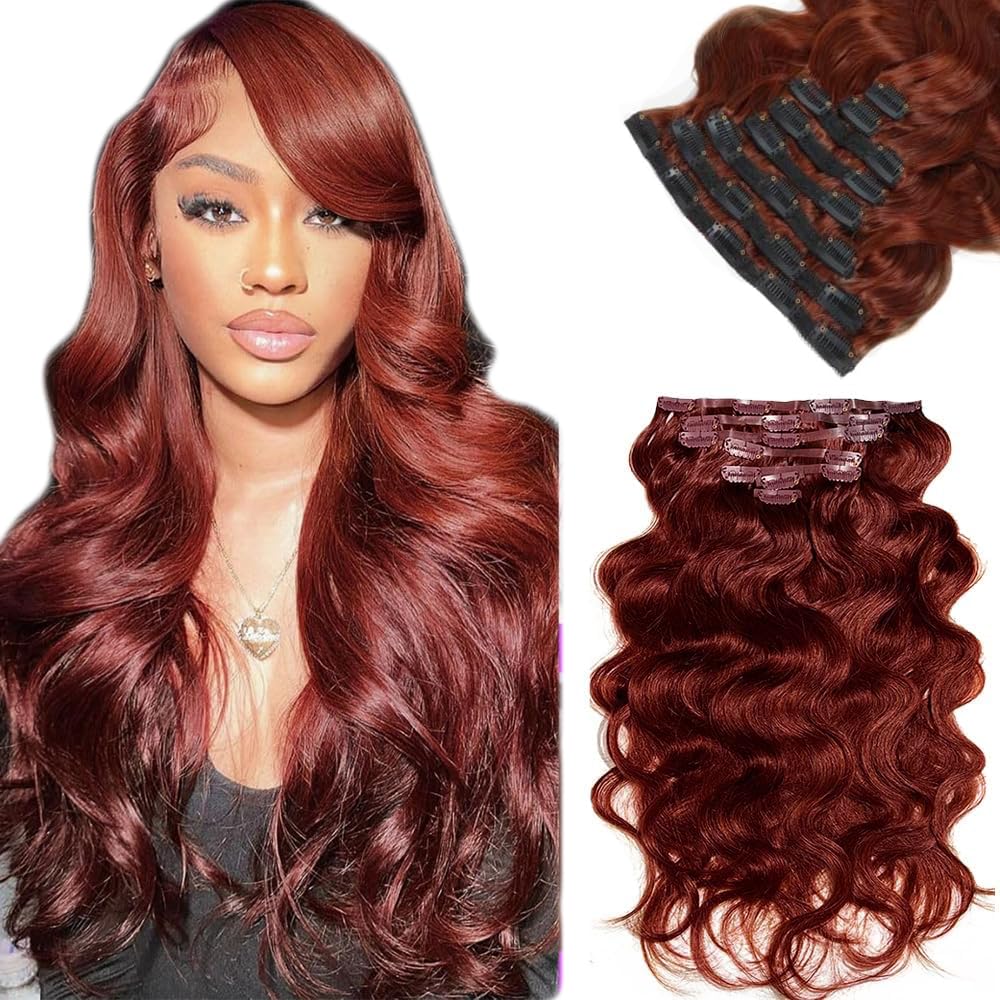 #33 Reddish Brown Clip in Hair Extensions Real Human Hair, 24 Inch 120g/7Pcs,Full Shine Remy Human Hair,Copper Red Body Wave Clip ins Brazilian Virgin Human Hair Extensions