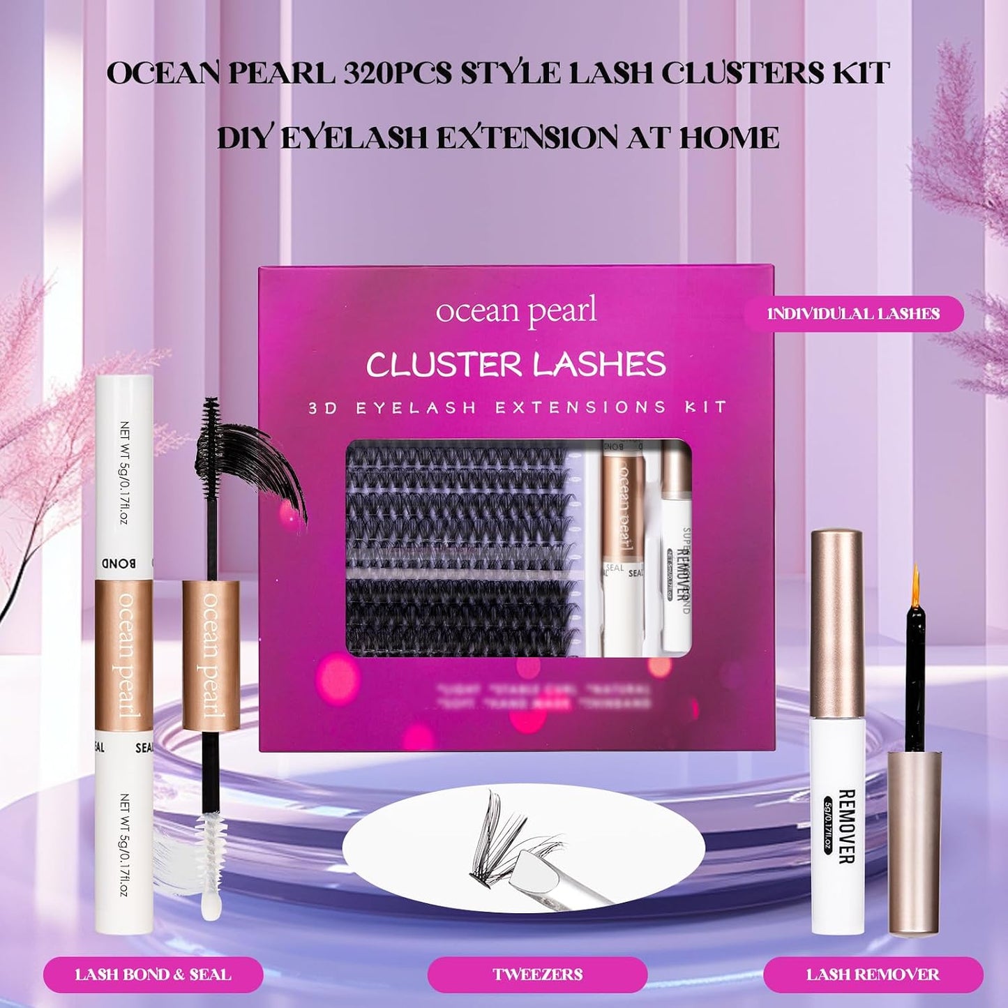 Ocean Pearl Lash Clusters - 320 Pcs 11-20mm Eyelash Extension Kit | 40D, 50D, 100D with Adhesive & Tweezers