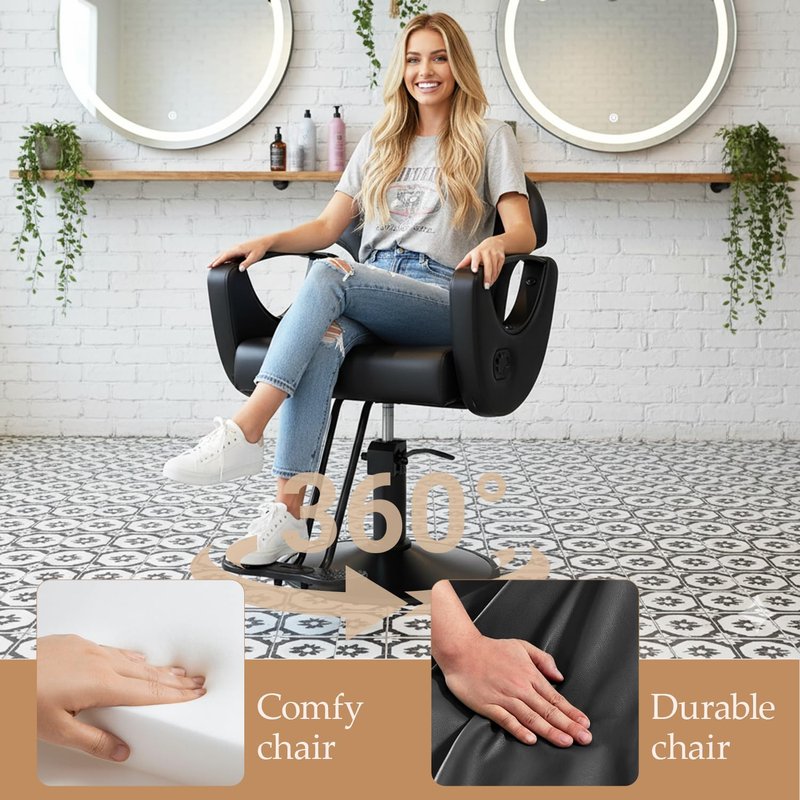 Black Salon Chair for Hair Stylist, Professional Barber Chairs Barbershop Hair Stylist Chair w/Heavy Duty Hydraulic Pump, 360° Braiding Styling Hairdresser Chairs for Spa Home Euipment, Matte Black