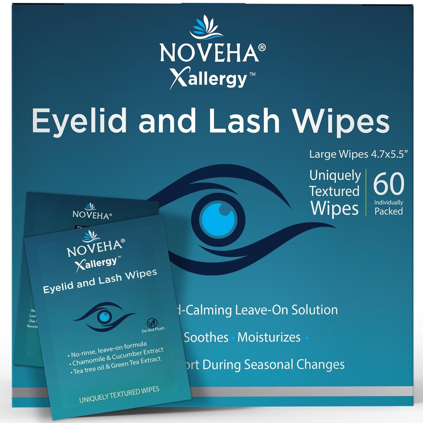 NOVEHA Allergy Relief Eyelid Wipes - 60 Pre-Moistened Hypoallergenic Pads for Itchiness & Redness | Soothe & Clean Eyes