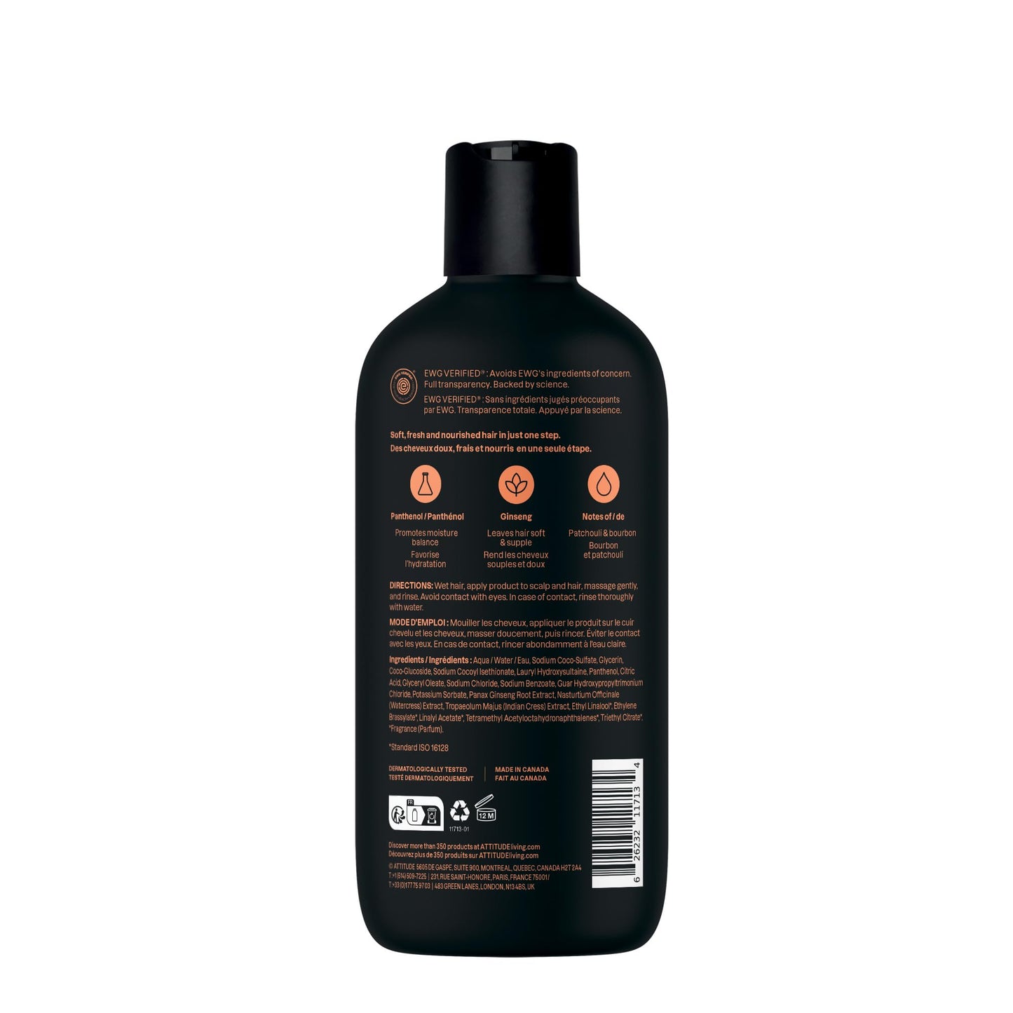 ATTITUDE Men's Shampoo and Conditioner 2-in-1, Nourishing For Dry Hair and Scalp, With Panthenol and Ginseng, 97% Natural Origin Ingredients, EWG Verified, Patchouli & Bourbon, 14 Fl Oz