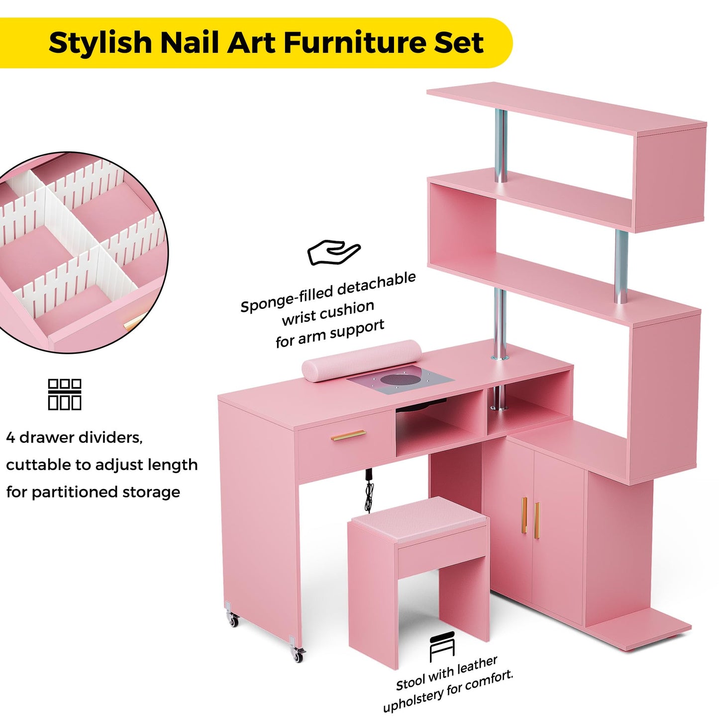 Kikihouse Manicure Table Nail Desk with Stool, L-Shaped Nail Tech Desk with Dust Collector, Two-Way Drawer, Cabinet & Storage Shelves, Rotating Reversible Manicure Workstation on Wheels (Pink)