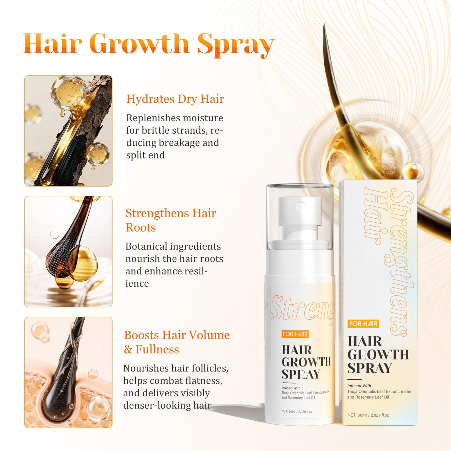 Hair Growth Spray for Women & Men, Hair Growth Serum with Rosemary Oil and Biotin, Helps Prevent Hairs Thinning & Strengthen Strands, Hairs Helper Spray for Healthier Scalp, 2.03 Fl Oz