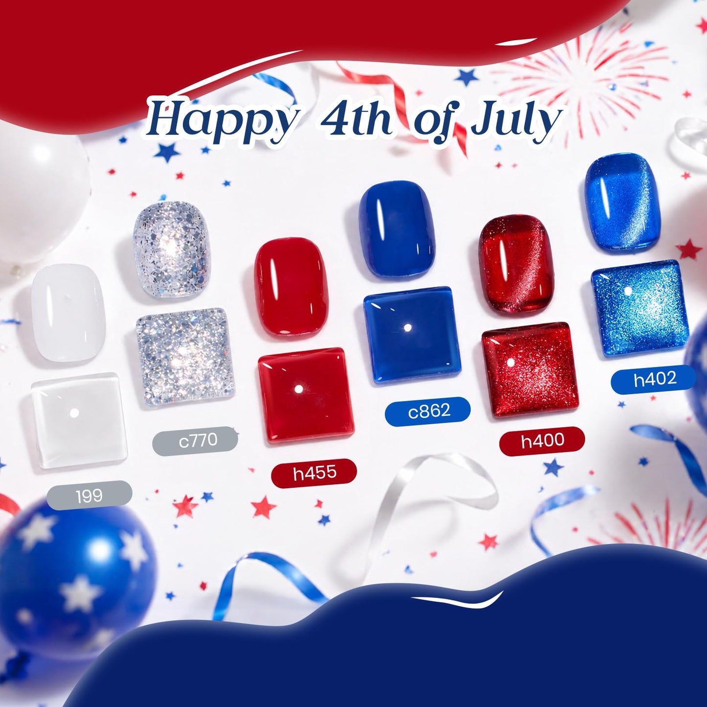 Beetles 4th of July Gel Nail Polish Set, 6 Colors Red White Blue Cat Eye Gel Polish Sliver Glitter Gel Polish with Magnet & Stickers, Patriotic DIY Nail Art Gift for Women