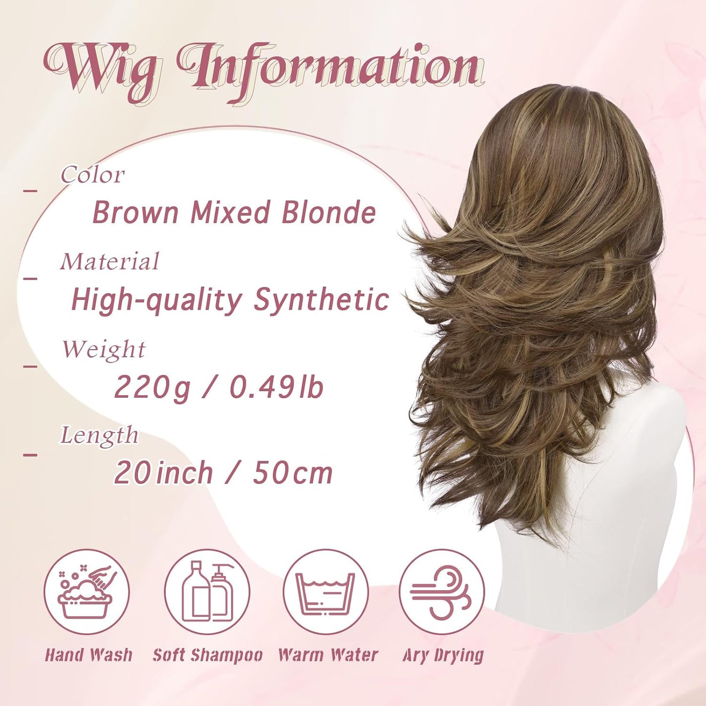 Brown Layered Wig with Curtain Bangs - Long Wavy Synthetic Hair, 20 Inch | Natural Looking Middle Part for Women