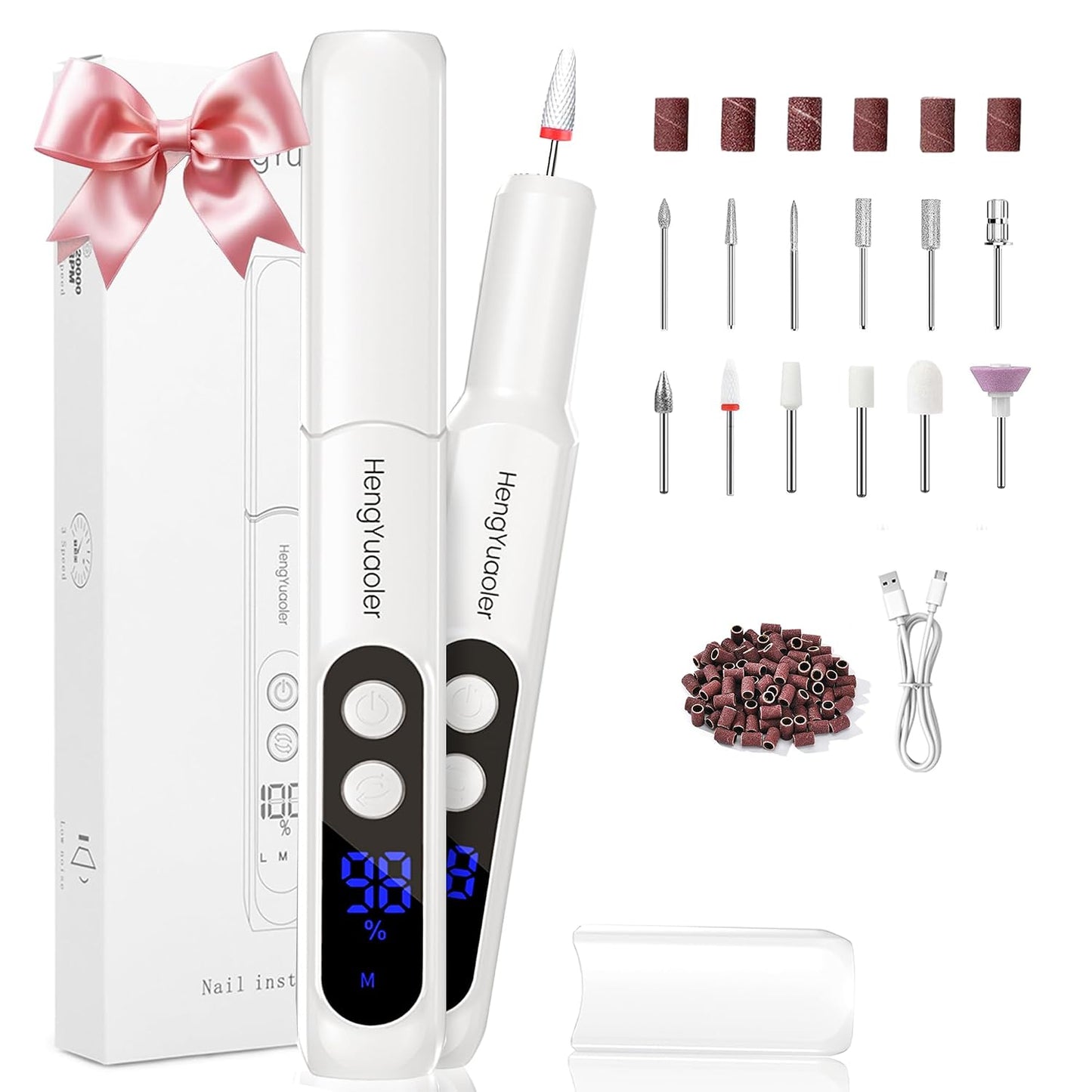 Cordless Electric Nail Drill - Professional 3 Speed Efile Kit for Acrylic & Gel Nails | USB Rechargeable, 20000 RPM, Pink