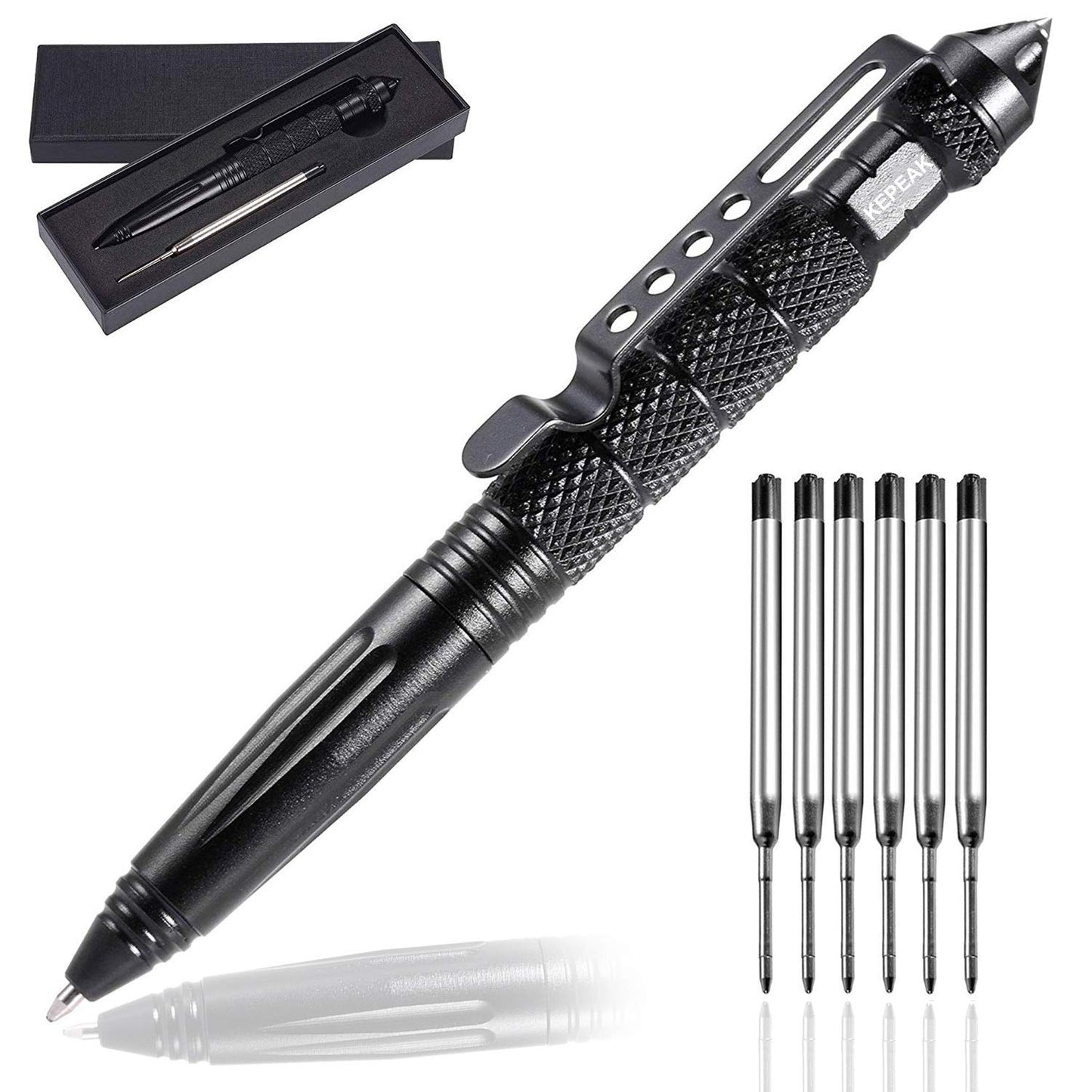 KEPEAK Military Tactical Pen, Professional Self Defense Pen, Emergency Glass Breaker Pen - Tungsten Steel, Writing EDC Survival Tool with 6 Refill
