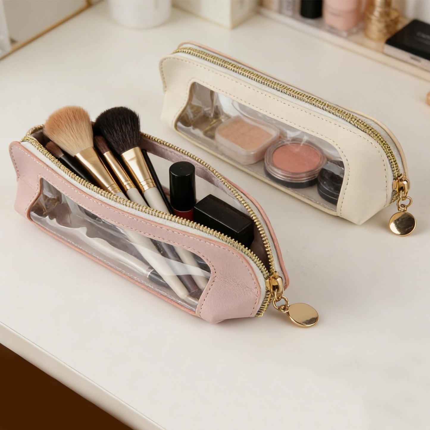 3 Pcs Transparent PU Makeup Brush Bags,Large Capacity Makeup Brush Holder,Ideal Makeup Brush Holder Travel Organizer,Waterproof Makeup Brush Pouch,Compact Portable Makeup Bag for office and home use