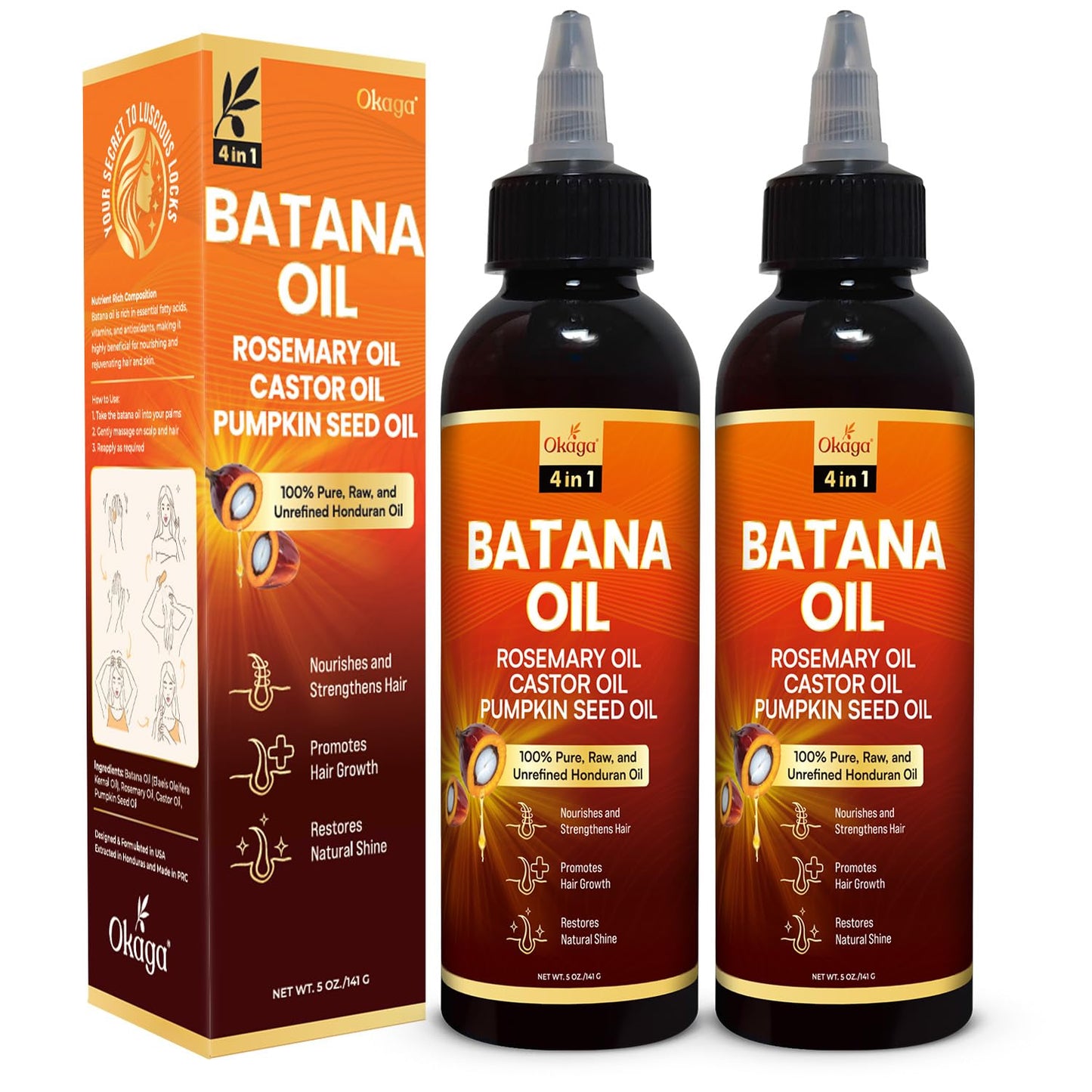 Batana Oil for Hair Growth - 100% Pure Unrefined Formula with Rosemary, Castor & Pumpkin Seed Oils | Nourishes & Strengthens Hair (5oz)