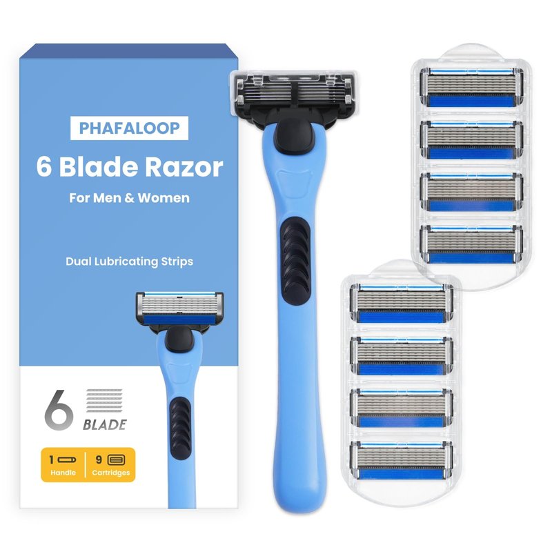 Phafaloop 6-Blade Men's Razor with Dual Lubrication, Shaving Kit for Men, 10 Piece Set, 1 Handle & 9 Refill Cartridges, Smooth Comfortable Shave (Blue)