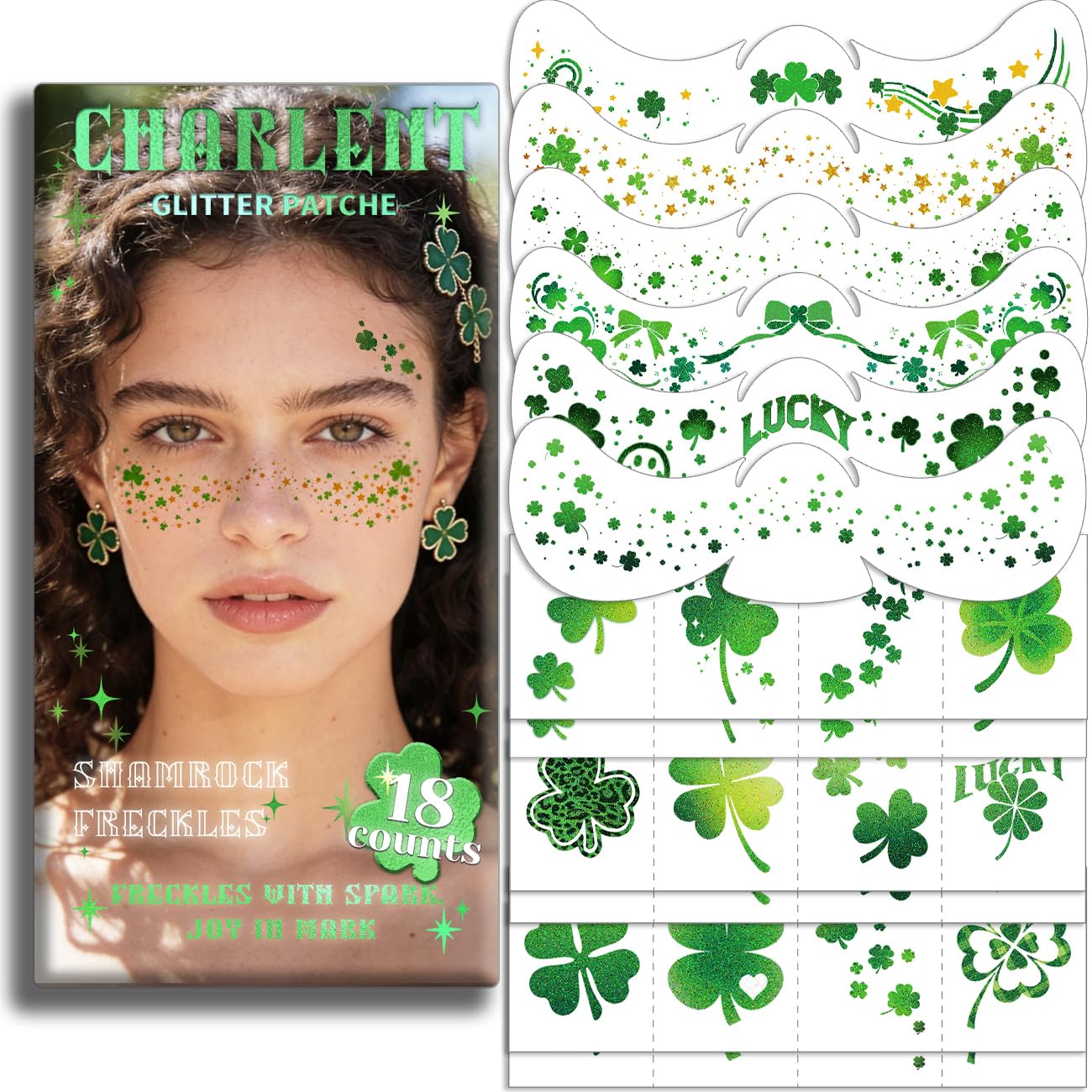 CHARLENT Glitter Shamrock Freckles Face Tattoos | 18 Sheets St. Patrick’s Day Temporary Makeup Patches for Women Kids St. Patrick's Day Parade, Irish Festival Looks