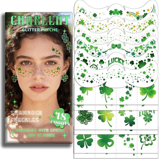 CHARLENT Glitter Shamrock Freckles Face Tattoos | 18 Sheets St. Patrick’s Day Temporary Makeup Patches for Women Kids St. Patrick's Day Parade, Irish Festival Looks