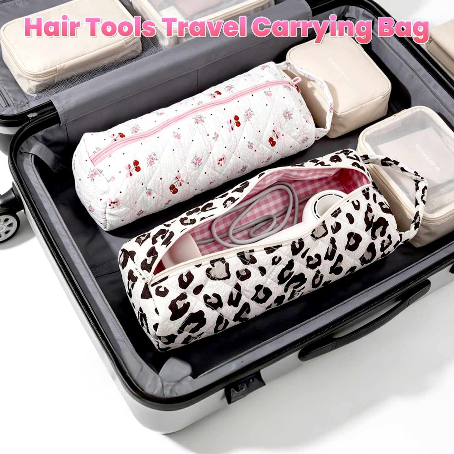 Hair Tools Travel Bag, 2Pcs Quilted Protable Hair Dryer Bag Hair Styling Accessories Organizer Bag for Curling Irons, Flat Irons and Styling Tools (Leopard Print+Cherry)