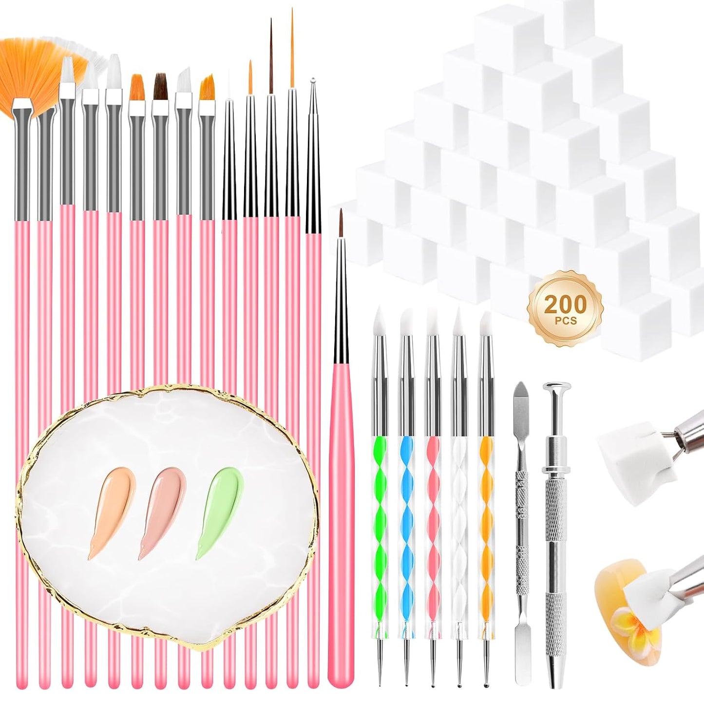 Nail Art Supplies - 200 Pcs Ombre Nail Sponges with Palette, Grabbing Pen & Spatula | Essential Tools for Gradient Gel Nails