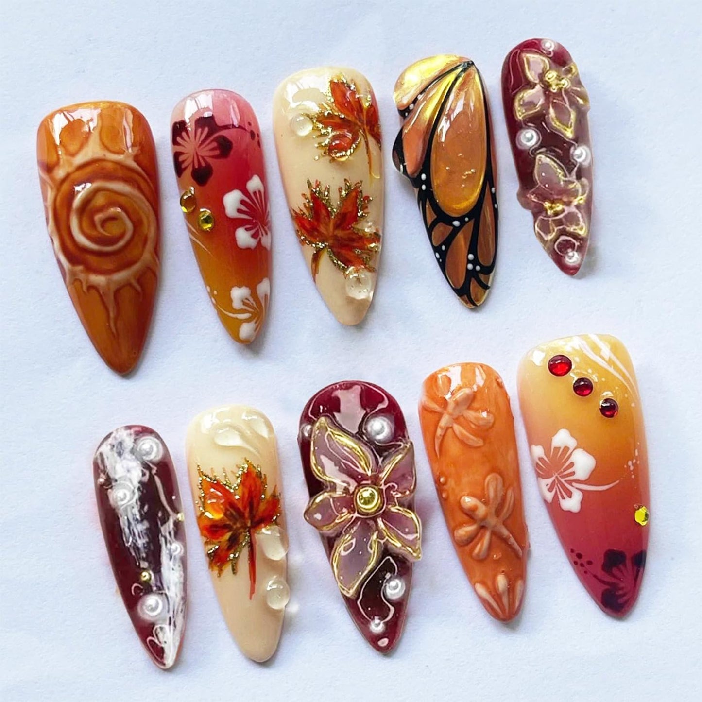 Fall Press-On Nails - 24 Pcs Long Stiletto Maple Leaf Design with Pearl Rhinestones | Thanksgiving Acrylic Nail Tips