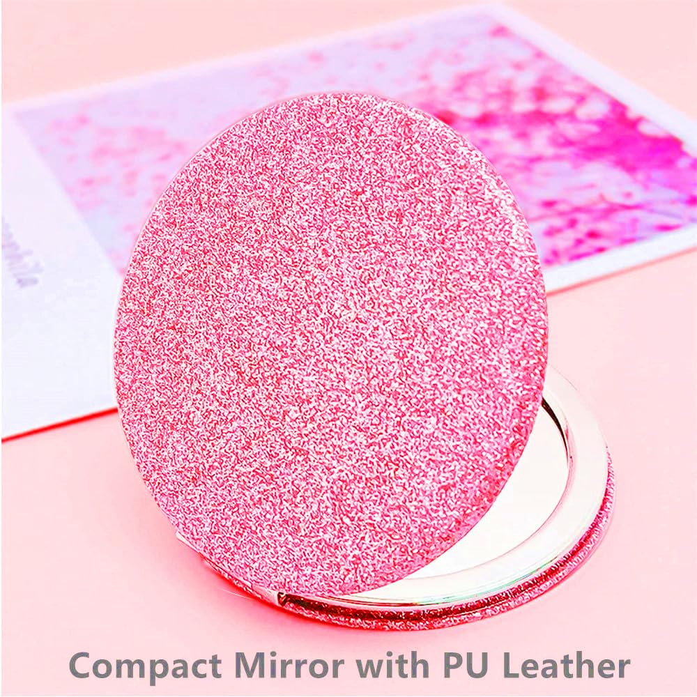 mpowtech Cute Pink Compact Mirror for Women,Small Magnifying Travel Mirror with Glitter,Portable 2 x 1x Magnification Folding Pocket Makeup Mirror Cosmetic Mirror for Gift Travel Essentials