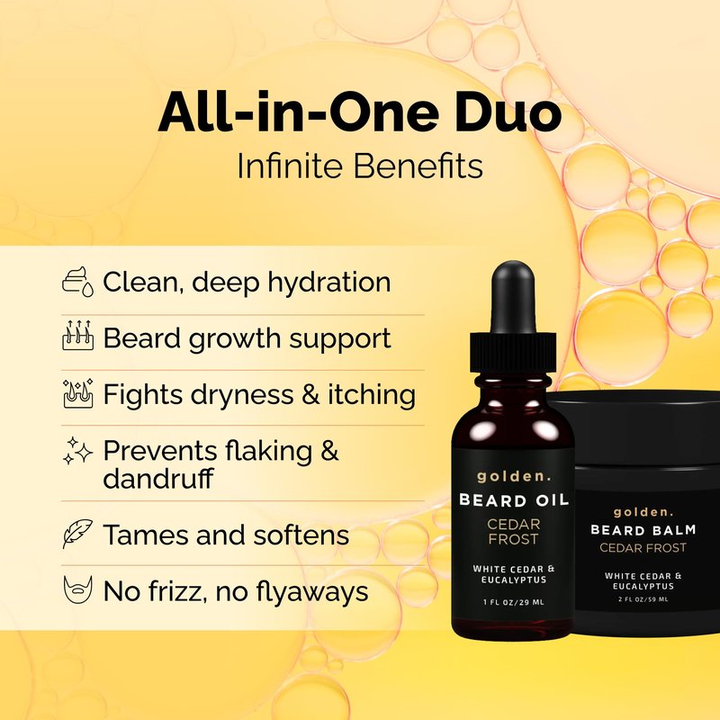 Golden Grooming Beard Bundle for Black Men - Natural Growth Kit with 2oz Balm & 1oz Oil - Shea Butter Conditioner - Cedar Frost (Regular)