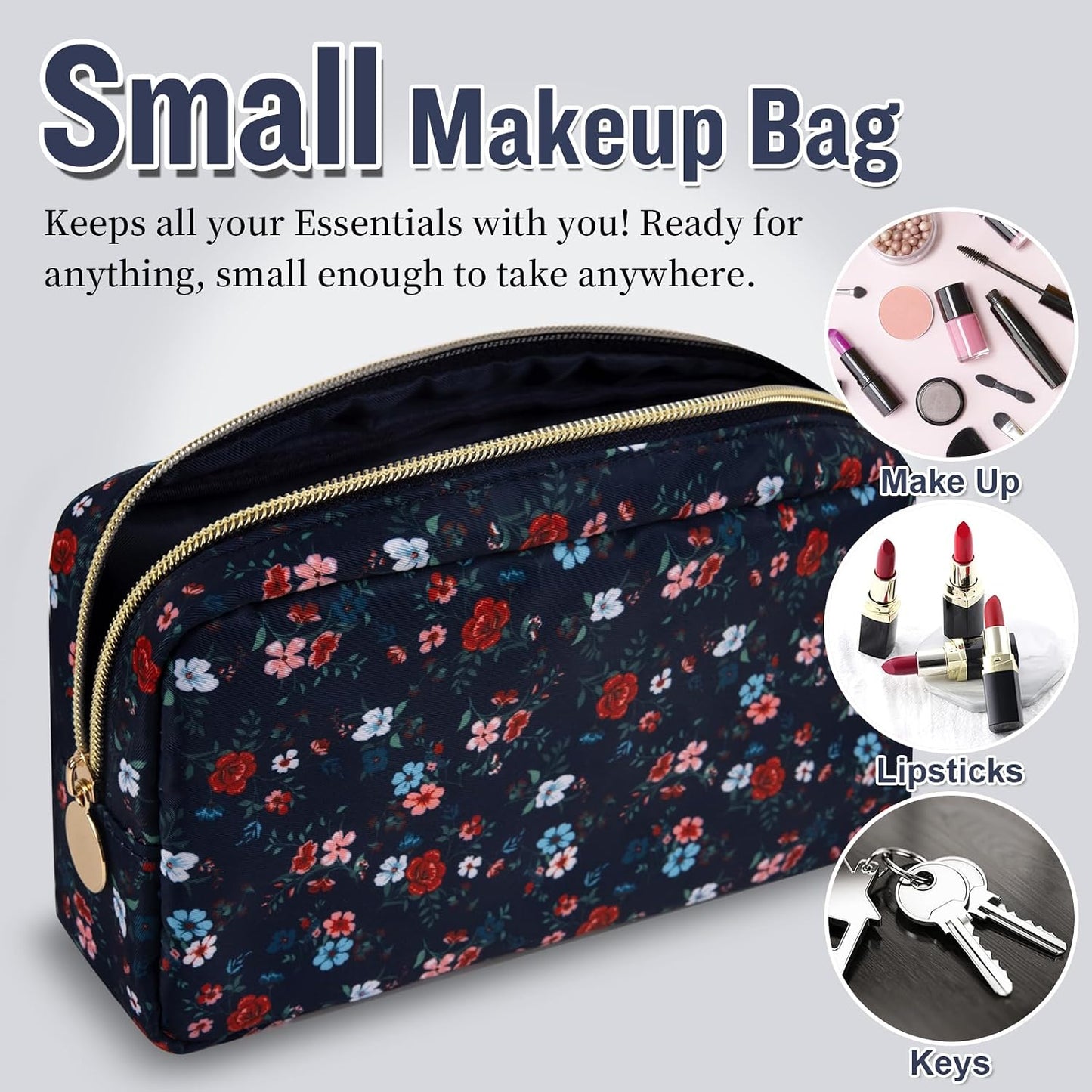 Floral Makeup Bag - Nylon Travel Cosmetic Organizer | Waterproof Zipper Pouch for Women (Green-Daisy)