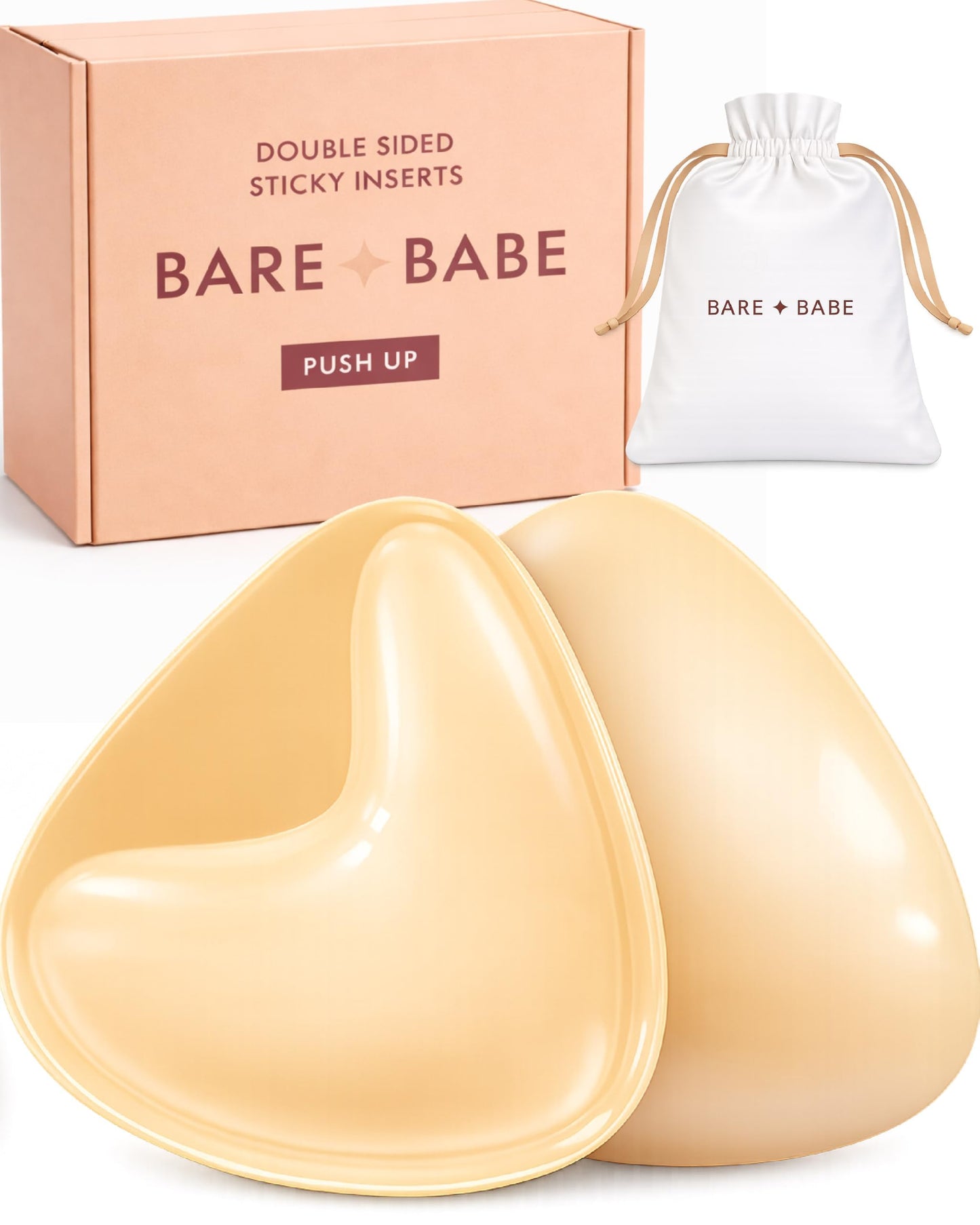 Bare Babe Sticky Push Up Inserts, Double Sided Sticky Bra Inserts, Adhesive Bra Pads, Sticky Bra Lift, Push Up for Bikini (Honey, Large)