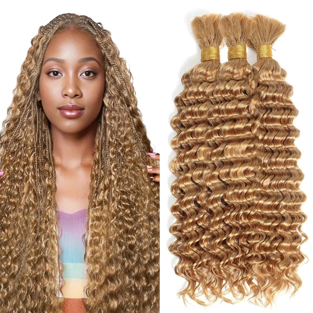 16 16 16 Inch #27 Blonde Human Braiding Hair for Boho Braids 150g Deep Curly Bulk Knotless Boho Braiding Honey Blonde Deep Wave Virgin No Weft Extensions Bohemian Braids 3 Bundles/Pack Caramel