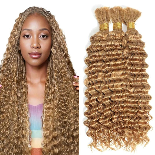 16 16 16 Inch #27 Blonde Human Braiding Hair for Boho Braids 150g Deep Curly Bulk Knotless Boho Braiding Honey Blonde Deep Wave Virgin No Weft Extensions Bohemian Braids 3 Bundles/Pack Caramel
