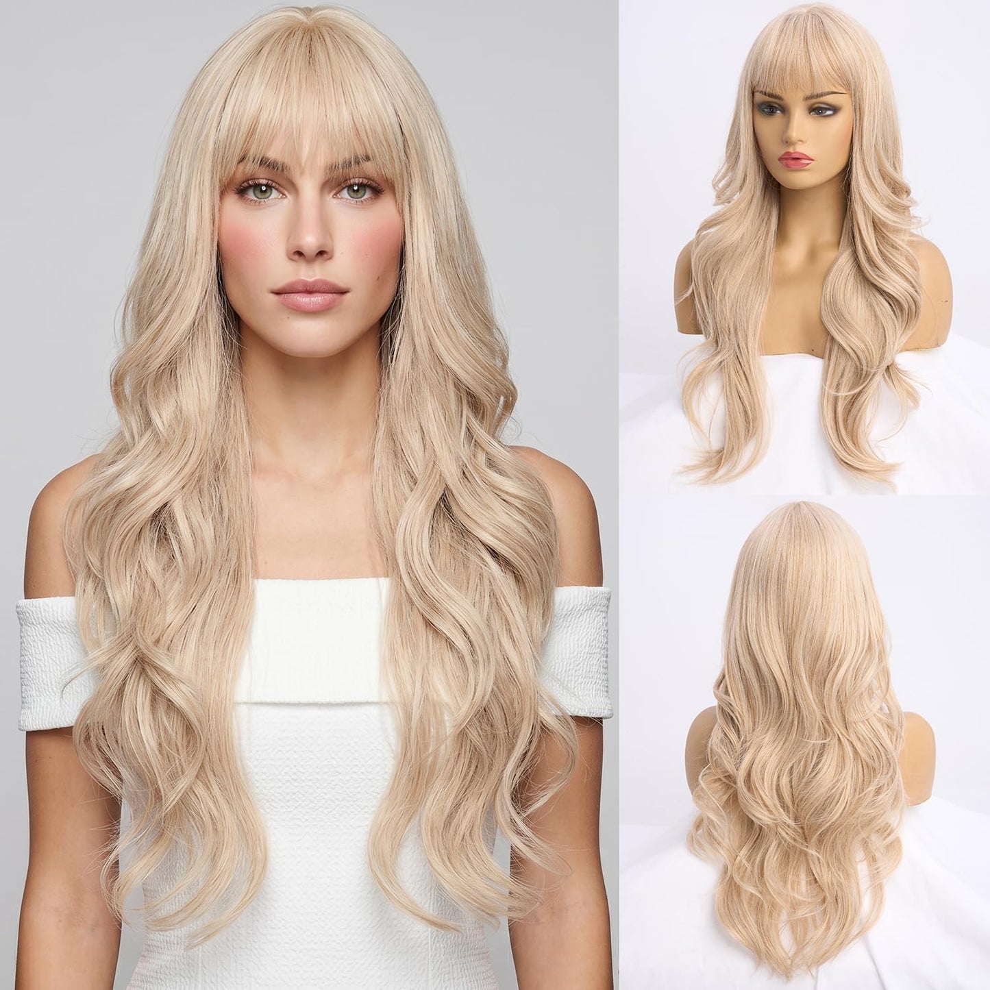 Long Black Wig with Bangs - Medium Length Wavy Layered Style | Heat Resistant Synthetic Hair (28 Inches)