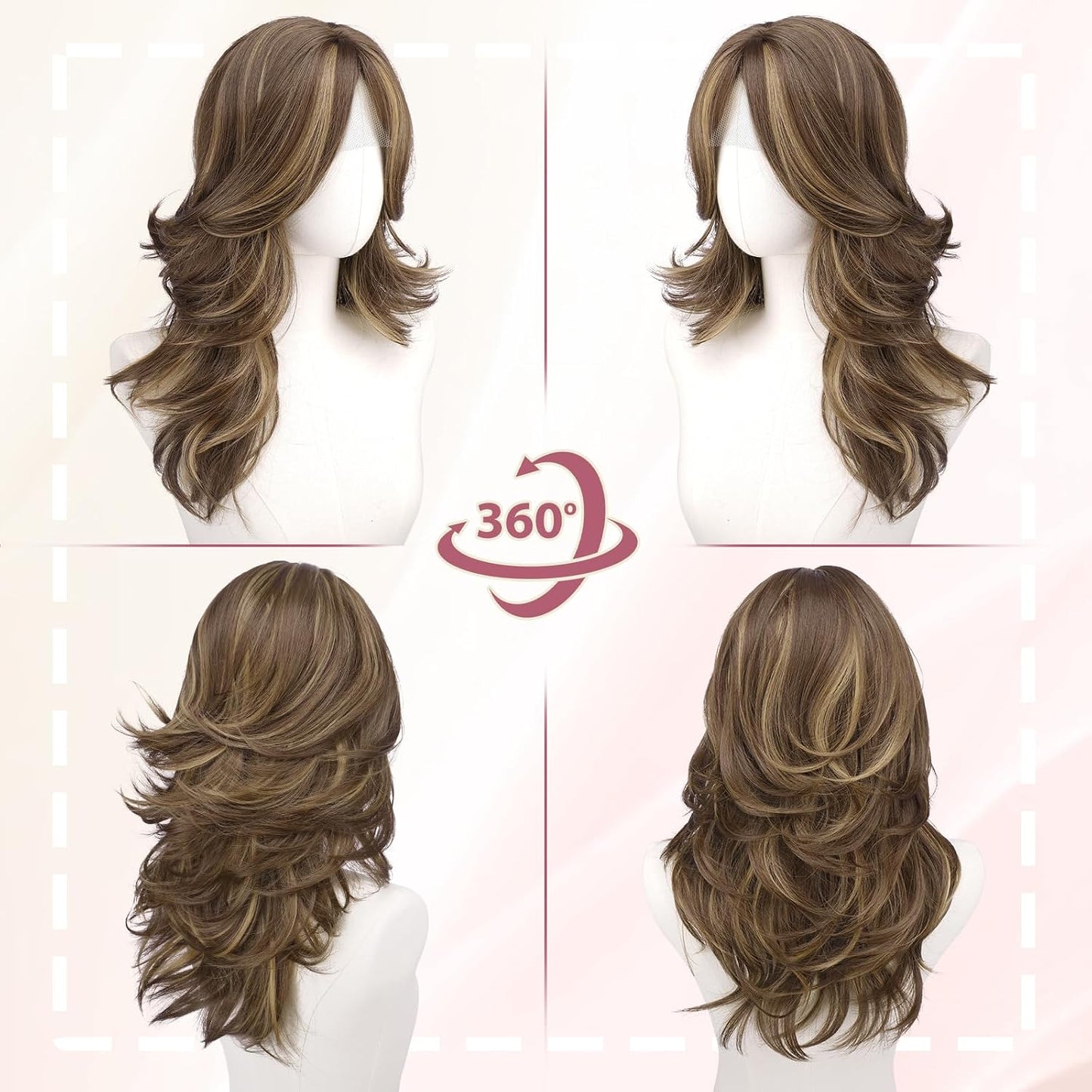 Brown Layered Wig with Curtain Bangs - Long Wavy Synthetic Hair, 20 Inch | Natural Looking Middle Part for Women